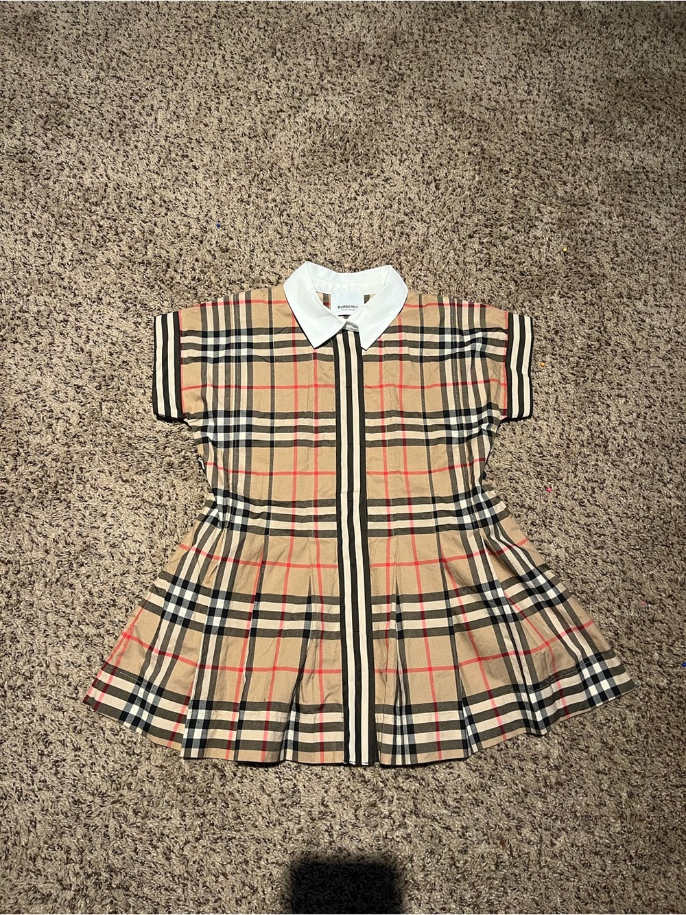 Burberry Beige Plaid Short-Sleeve Polo Dress with White Collar